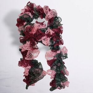 Handmade Ruffle Knit Scarf – Pink, Burgundy & Forest Green – 64"
